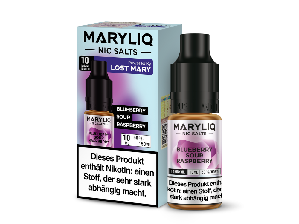 MARYLIQ Nikotinsalz Liquid - Blueberry Sour Raspberry in einer 10 ml Flasche mit fruchtigem Blaubeer- und Himbeergeschmack, erhältlich in 10 mg/ml und 20 mg/ml Nikotinstärken.