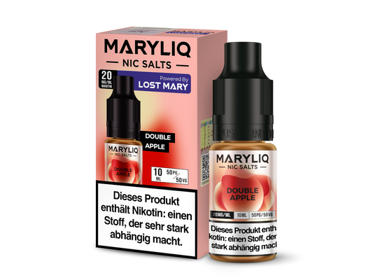 MARYLIQ Nikotinsalz-Liquid Double Apple in einer 10 ml Flasche mit erfrischendem Apfelgeschmack, erhältlich in 10 mg/ml und 20 mg/ml Nikotinstärke.