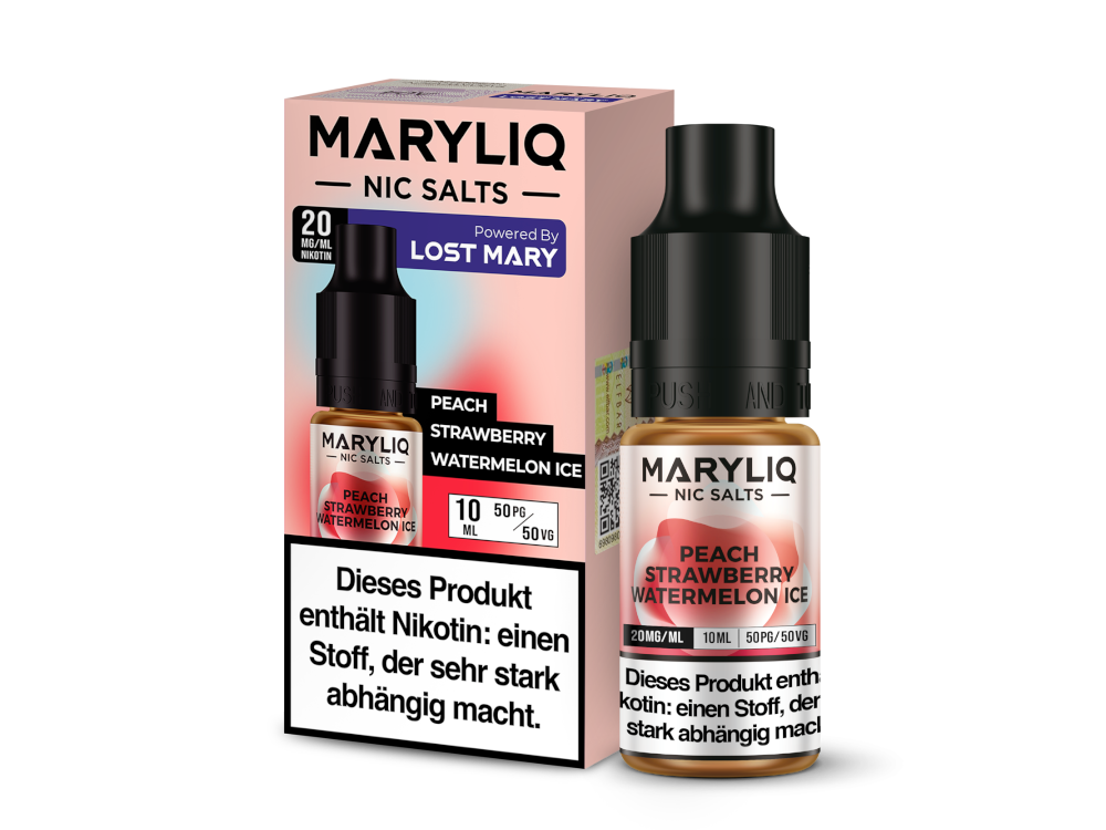 MARYLIQ Nikotinsalz Liquid - Peach Strawberry Watermelon Ice in einer 10ml Flasche, mit Geschmacksnoten von Pfirsich, Erdbeere und Wassermelone, ideal für E-Zigaretten.