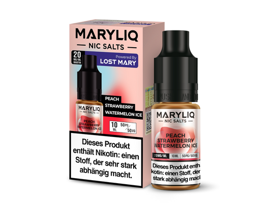 MARYLIQ Nikotinsalz Liquid - Peach Strawberry Watermelon Ice in einer 10ml Flasche, mit Geschmacksnoten von Pfirsich, Erdbeere und Wassermelone, ideal für E-Zigaretten.