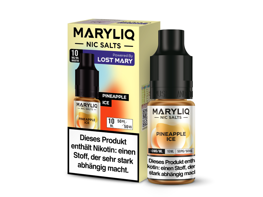 Detailansicht des MARYLIQ Nikotinsalz Liquid - Pineapple Ice, das erfrischenden Ananasgeschmack bietet und in legalen Verpackungen gemäß CLP-Verordnung erhältlich ist.