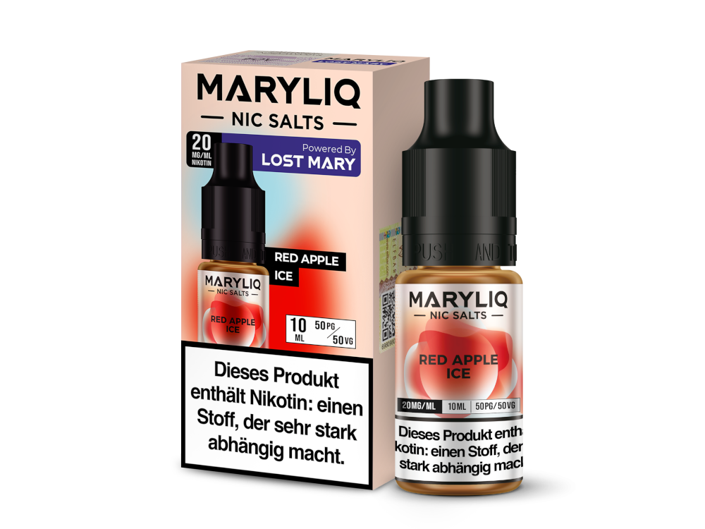 MARYLIQ Red Apple Ice Nikotinsalz Liquid - 10 ml Flasche mit einem frischen Geschmack von roten Äpfeln und einem kühlen Finish, erhältlich in 10 mg/ml und 20 mg/ml Nikotinstärken.