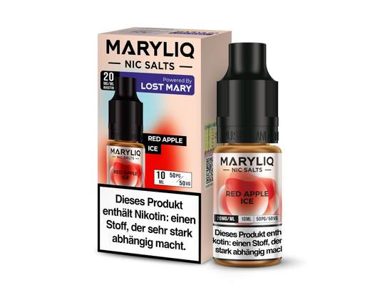 MARYLIQ Red Apple Ice Nikotinsalz Liquid - 10 ml Flasche mit einem frischen Geschmack von roten Äpfeln und einem kühlen Finish, erhältlich in 10 mg/ml und 20 mg/ml Nikotinstärken.