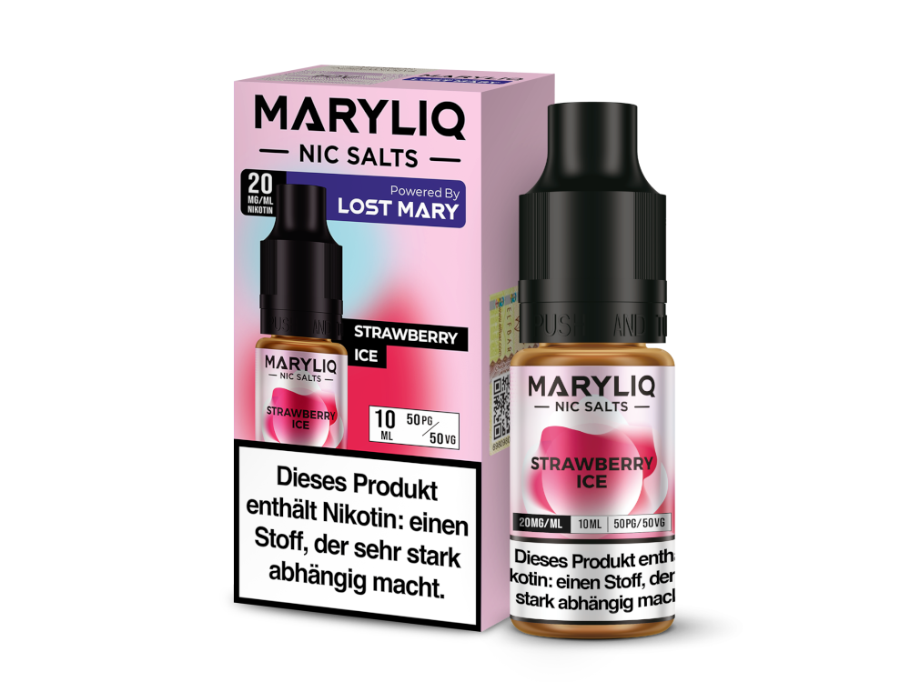 MARYLIQ Nikotinsalz Liquid Strawberry Ice in einer 10 ml Flasche mit frischem Erdbeergeschmack und coolen Noten, ideal für das Dampfen.