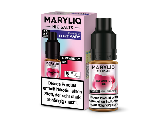 MARYLIQ Nikotinsalz Liquid Strawberry Ice in einer 10 ml Flasche mit frischem Erdbeergeschmack und coolen Noten, ideal für das Dampfen.