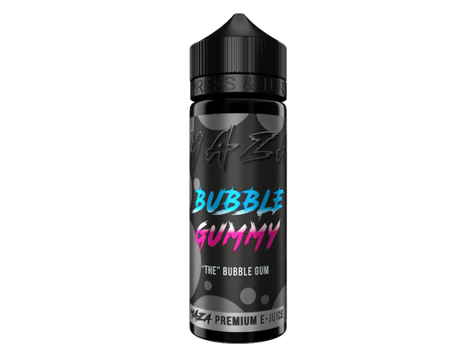 MaZa Longfills 10 ml Bubble Gummy Aroma in einer 120 ml Flasche, zeigt die blau-rosa Verpackung mit Kaugummi-Geschmack.