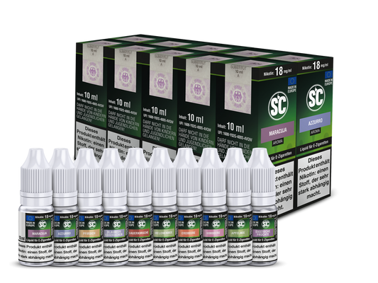 Fruit Probierbox E-Zigaretten Liquid von SC mit zehn verschiedenen fruchtigen Aromen, ideal für Dampfer.