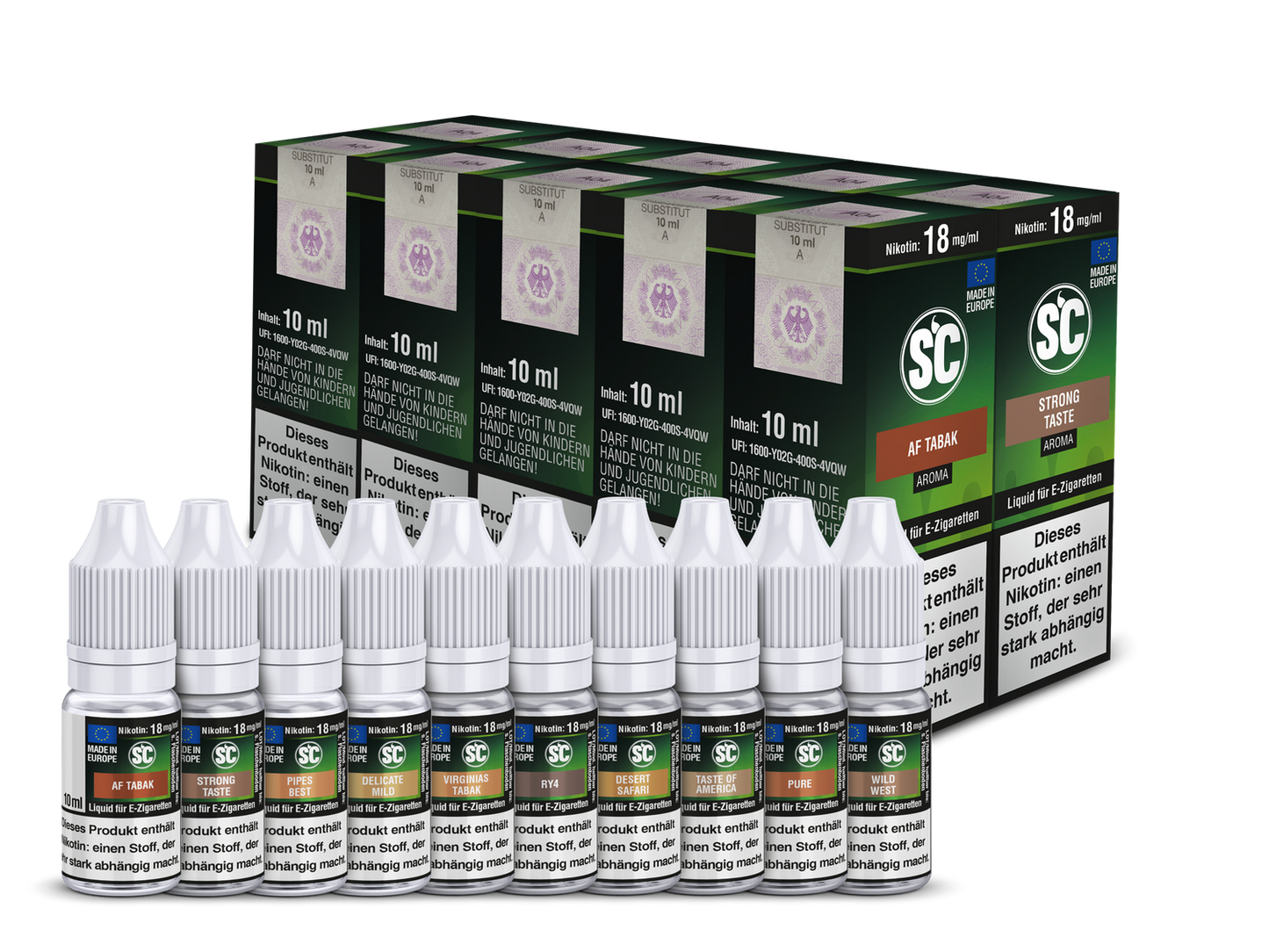 Tobacco Probierbox E-Zigaretten Liquid von SC mit 10ml Flaschen und verschiedenen Tabakaromen, erhältlich in Nikotinstärken von 0-18mg/ml.