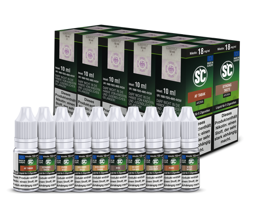 Tobacco Probierbox E-Zigaretten Liquid von SC mit 10ml Flaschen und verschiedenen Tabakaromen, erhältlich in Nikotinstärken von 0-18mg/ml.