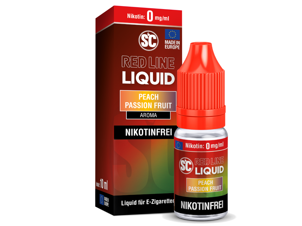 SC Red Line Peach Passion Fruit Nikotinsalz Liquid - Intensiver Pfirsich-Marakujageschmack, visuelle Darstellung der Fruchtaromen in einer E-Zigarette.