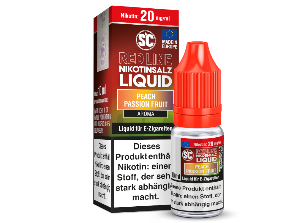 SC Red Line Peach Passion Fruit Nikotinsalz Liquid - Intensiver Pfirsich-Marakujageschmack, informatives Bild über Dampferlebnisse mit dem Produkt.