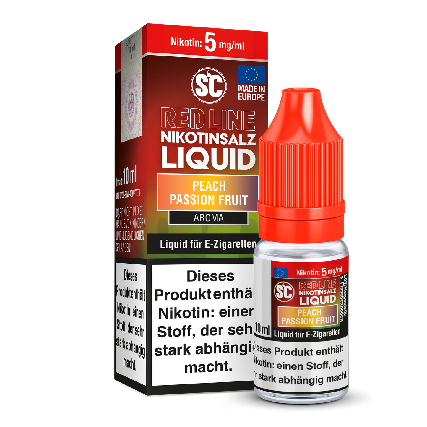 SC Red Line Peach Passion Fruit Nikotinsalz Liquid - Intensiver Pfirsich-Marakujageschmack, Abbildung der Produktverpackung und der frischen Zutaten.