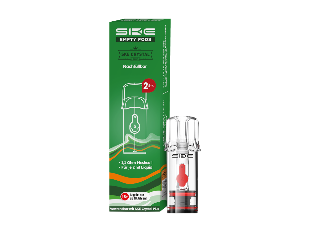 SKE Crystal Plus Pod – 2 Stück Leer-Pods mit 2ml Tankvolumen und integrierter 1,1 Ohm Coil für optimales MTL-Dampfen.