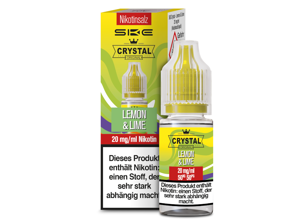 Erfrischendes SKE - Crystal Nikotinsalz Liquid in der Geschmacksrichtung Lemon & Lime, 10ml Flasche für E-Zigaretten-Anwender.