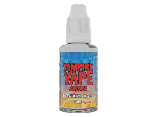 Vampire Vape Aroma Heisenberg Orange 30 ml in einer Flasche, die Geschmacksexplosionen von Eukalyptus, Menthol, Anis, Waldfrüchten und Orangen verspricht.