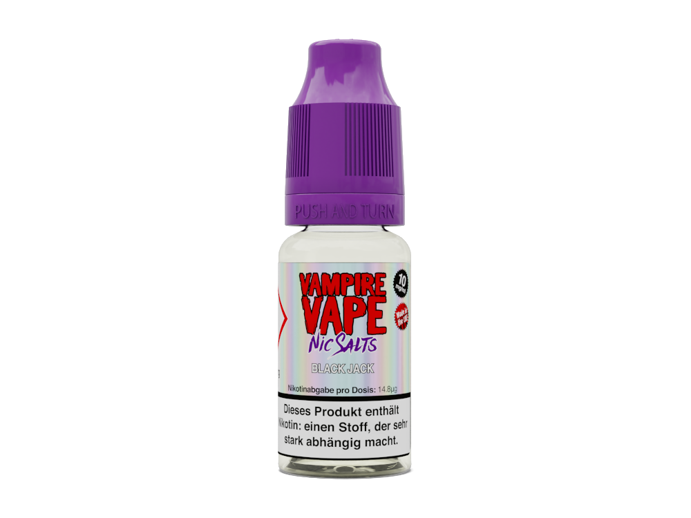 Vampire Vape - Black Jack - Nikotinsalz Liquid, 10 ml Flasche mit Geschmack von Lakritze und Anis, wählbar in 10 mg/ml und 20 mg/ml Stärke.