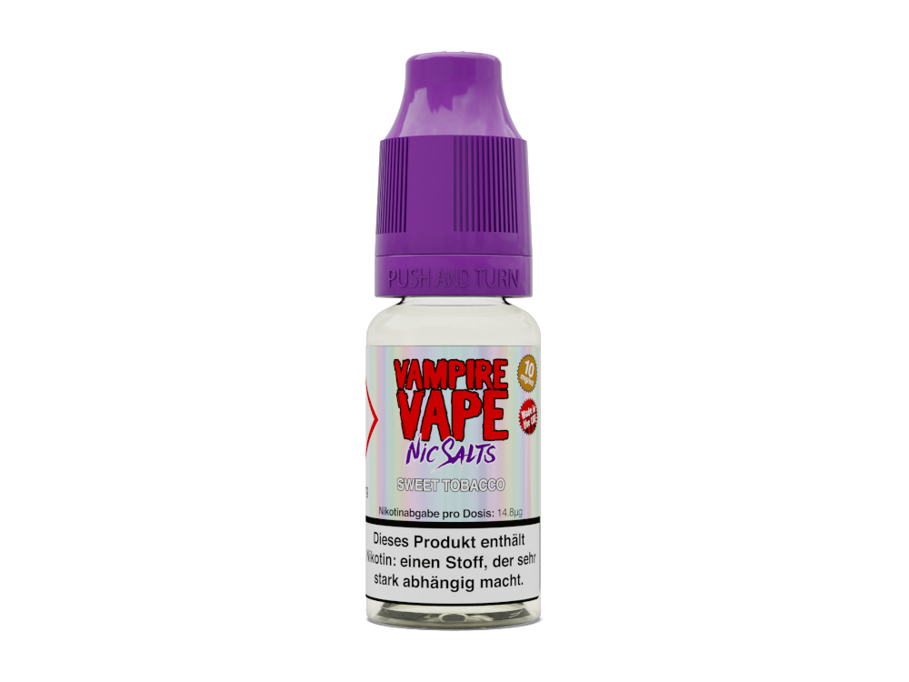 Vampire Vape Nikotinsalz Liquid - Sweet Tobacco, inklusive 10 ml mit 10 mg/ml Nikotin, charakteristischer Tabakgeschmack mit Karamellnote.