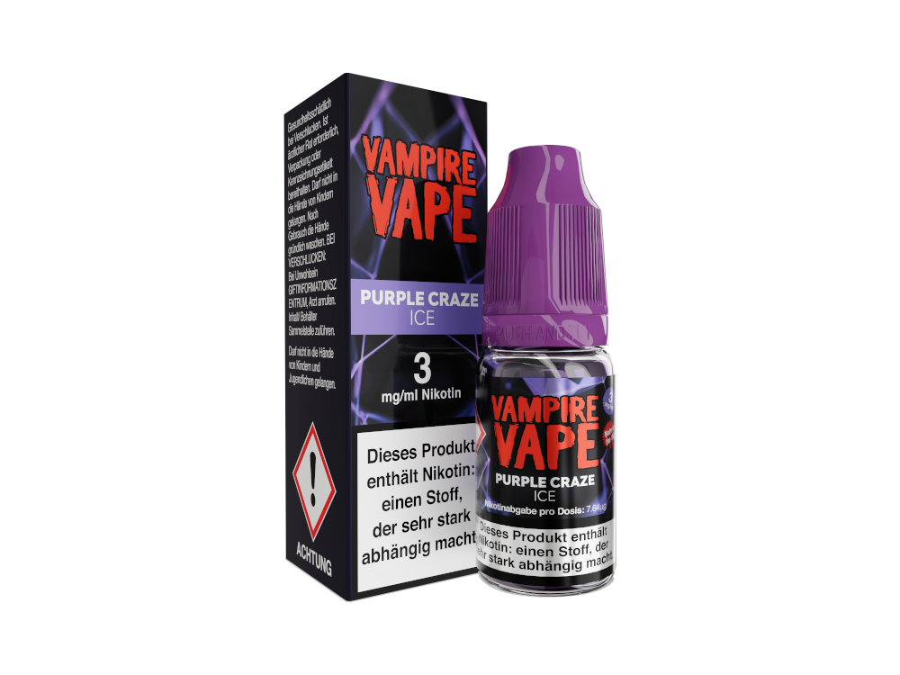 Detailansicht des Vampire Vape - Purple Craze Ice E-Zigaretten Liquid, das ein erfrischendes Geschmackserlebnis mit Beerenmix und Anis bietet.