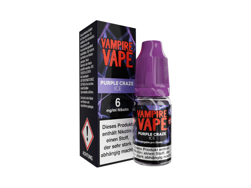 Flasche Vampire Vape - Purple Craze Ice E-Zigaretten Liquid mit 10 ml Inhalt und Geschmack von Eukalyptus, Waldfrucht und Menthol.