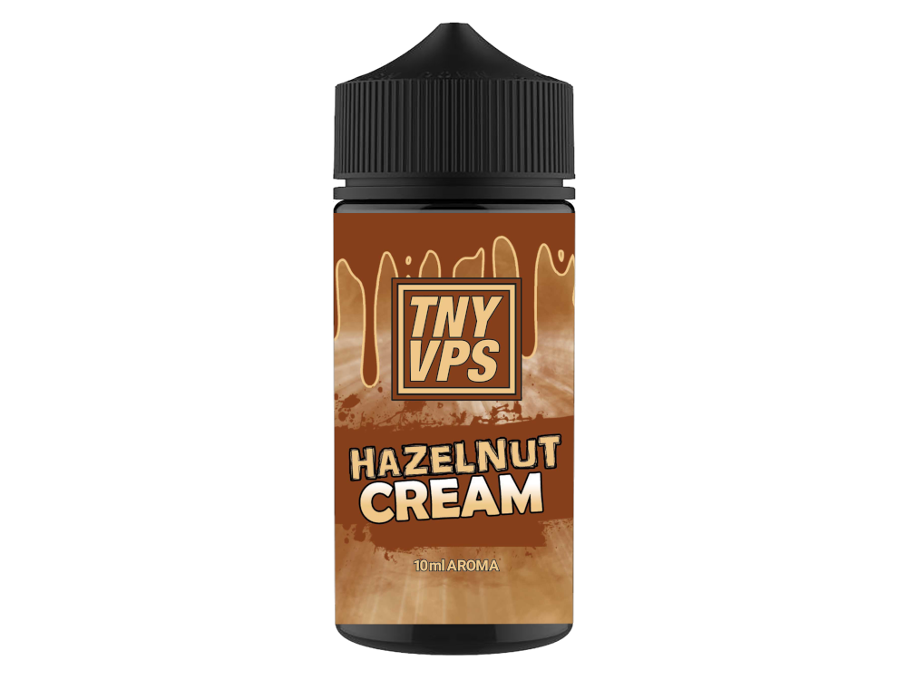 TNYVPS Longfills Hazelnut Cream, das auf einer Holzoberfläche präsentiert wird, umgeben von Haselnüssen, Vanilleschoten und Joghurt für ein ansprechendes Dampferlebnis.