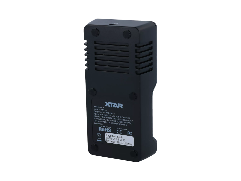 XTAR VC2 Ladegerät seitliche Ansicht mit Micro-USB-Anschluss und Displays.