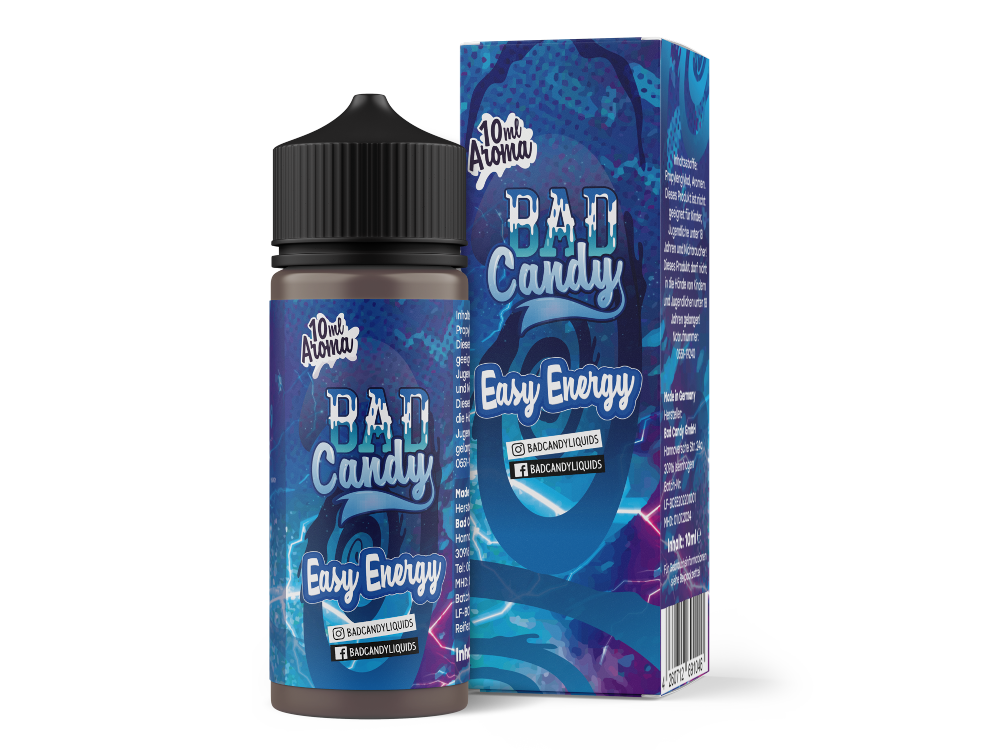 leckere Aromen im Bad Candy Easy Energy, präsentiert in der 10ml Flasche, umgeben von frischen Früchten wie Blaubeeren und Granatäpfeln.