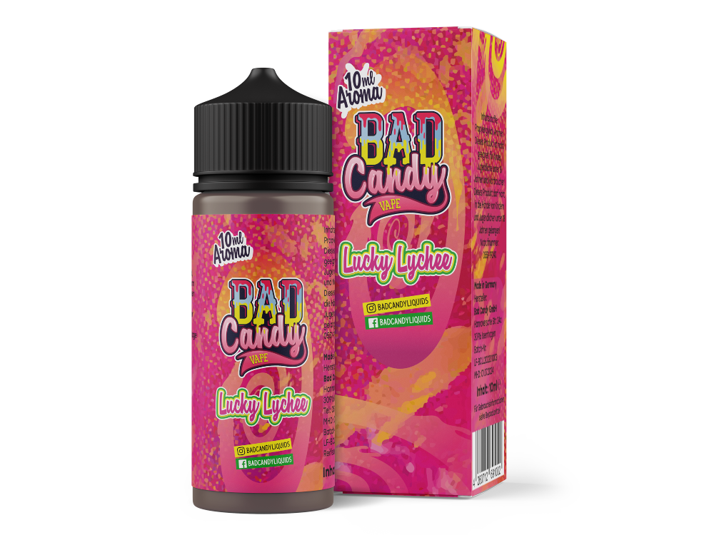 Bad Candy Aroma Lucky Lychee 10ml, fruchtige Lychee mit Maracuja und Zitronengeschmack in einer ansprechenden Liquidflasche.