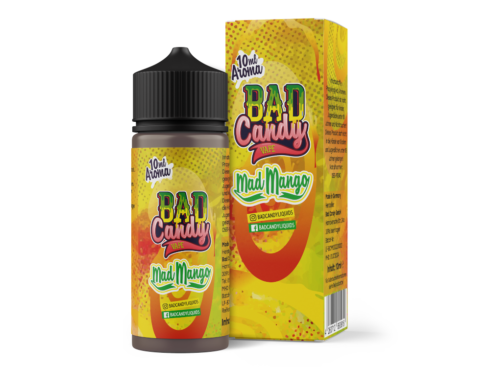 Bad Candy Aroma Mad Mango 10ml, zeigt die Flasche mit intensiven Aromen von Mango, Kokos, Maracuja und Ananas, ideal für E-Zigaretten-Dampfer, hergestellt in Deutschland.