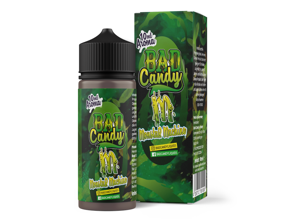 Bad Candy Aroma Monstar Machine 10ml - Detailansicht der Aromaflasche, geeignet zum Mischen mit E-Liquids, frischer Energydrink Geschmack