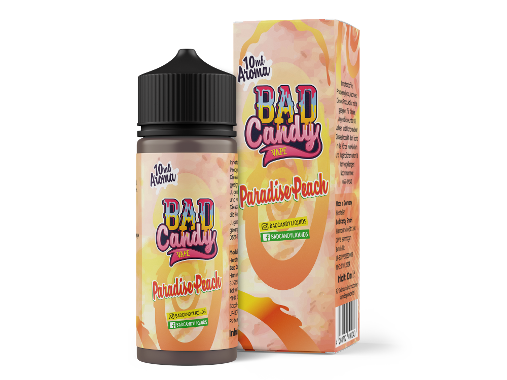 Bad Candy Paradise Peach Aroma 10ml - Produktansicht inklusive Aufdruck und Zutatenangaben, Dampfgenuss aus aromatisierten Konzentraten.