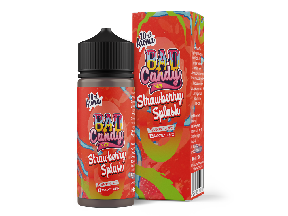 Strawberry Splash Aroma von Bad Candy in einer 120 ml Liquidflasche, perfekt für die Verwendung mit E-Zigaretten.