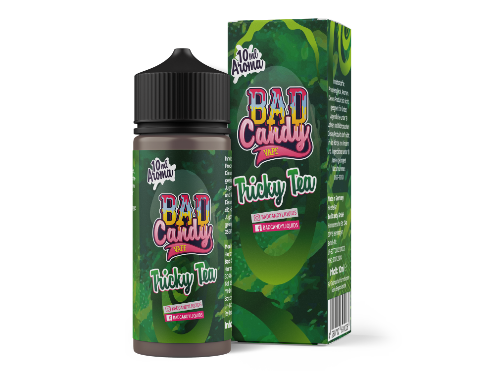 120ml Flasche Bad Candy Aroma Tricky Tea, ideal zum Mischen und Verdampfen, mit klaren Sicherheits- und Inhaltsstoffen auf Basis der CLP-Verordnung.