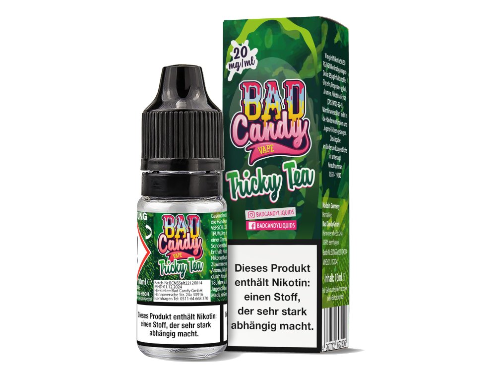 Bad Candy Liquids Tricky Tea Nikotinsalz – 10ml E-Liquid mit Grünem Tee, Birne, Mango & Koolada