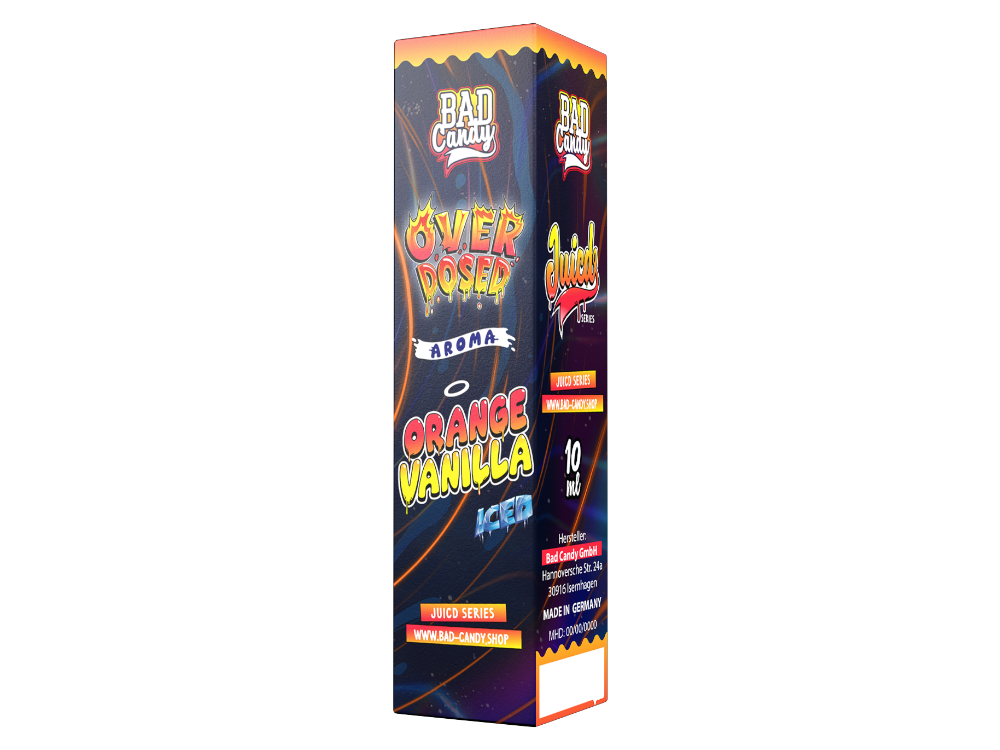 Detailansicht der Bad Candy Liquids Juicd Longfills 10ml Aroma Orange Vanille Iced Flasche, die frische Orange und cremige Vanille in einem einzigartigen Dampferlebnis vereint.