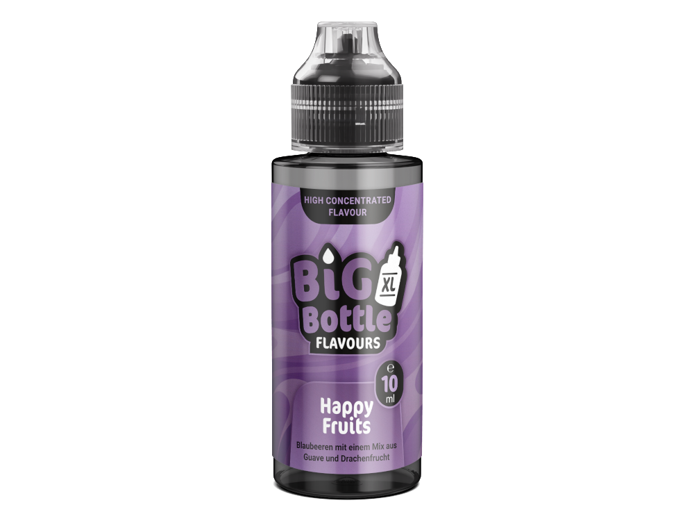 Einblick in die Inhaltsstoffe und Verwendung des Happy Fruits Big Bottle - Longfills 10 ml für Dampfen mit hohem Aromaanteil.