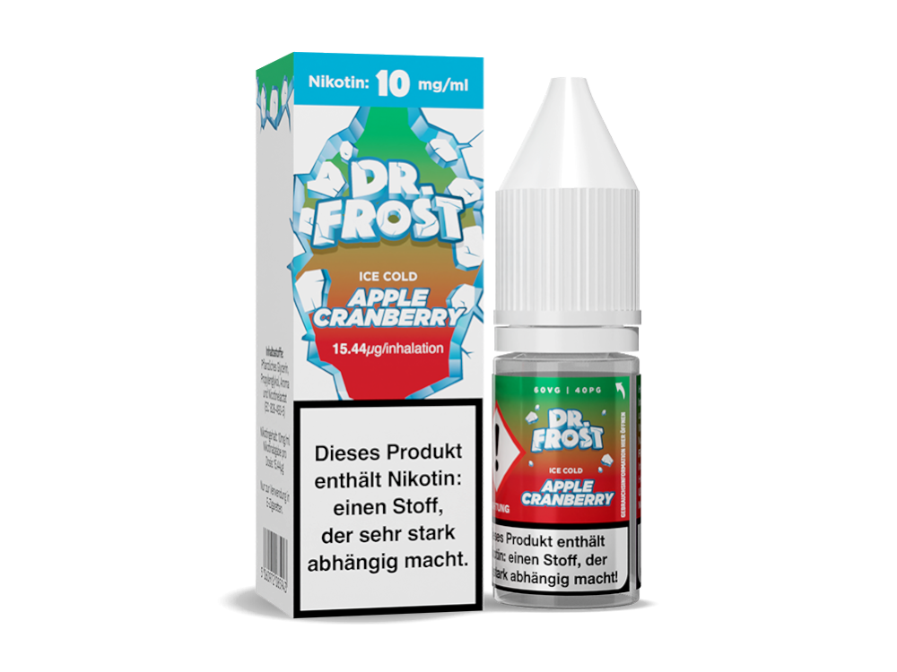 Verpackung des Dr. Frost - Ice Cold - Nikotinsalz Liquid - Apple Cranberry, 10 ml, mit auffälligem Design und Informationen zum Nikotingehalt.