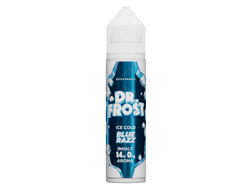 Detailansicht der Dr. Frost - Ice Cold - Aroma Blue Razz 14ml Flasche, die das Produktdesign und die charakteristische Farbe des Aromas zeigt.