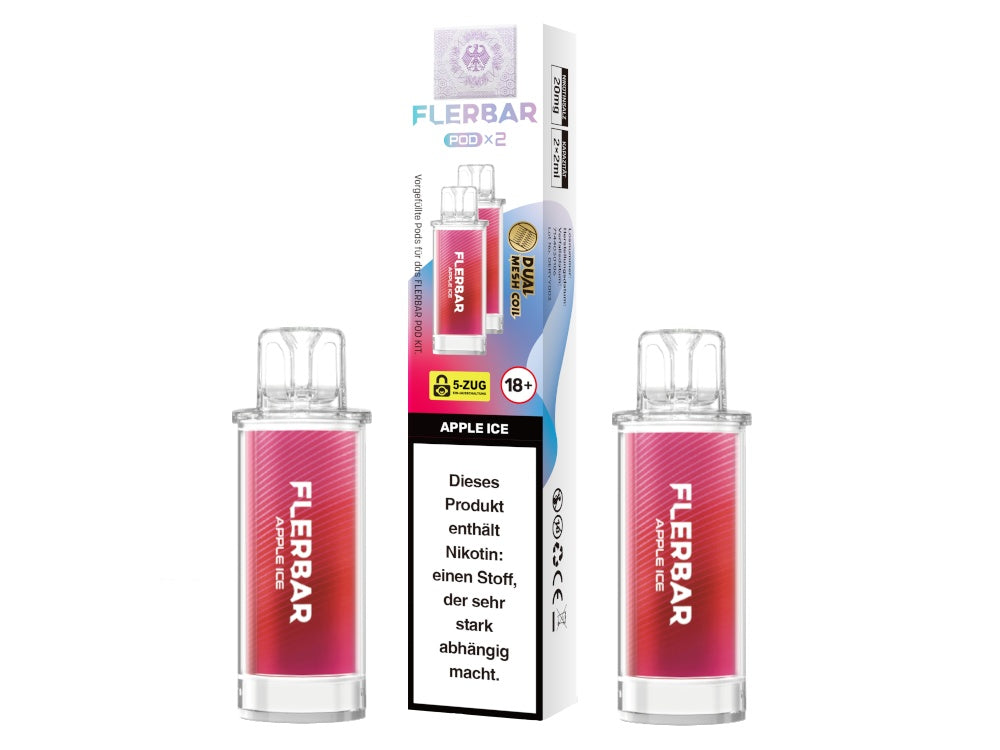 Flerbar PODs mit 2 ml Nikotinsalz Liquid und Dual Mesh Coil für Flerbar POD Akku, 2er Pack.
