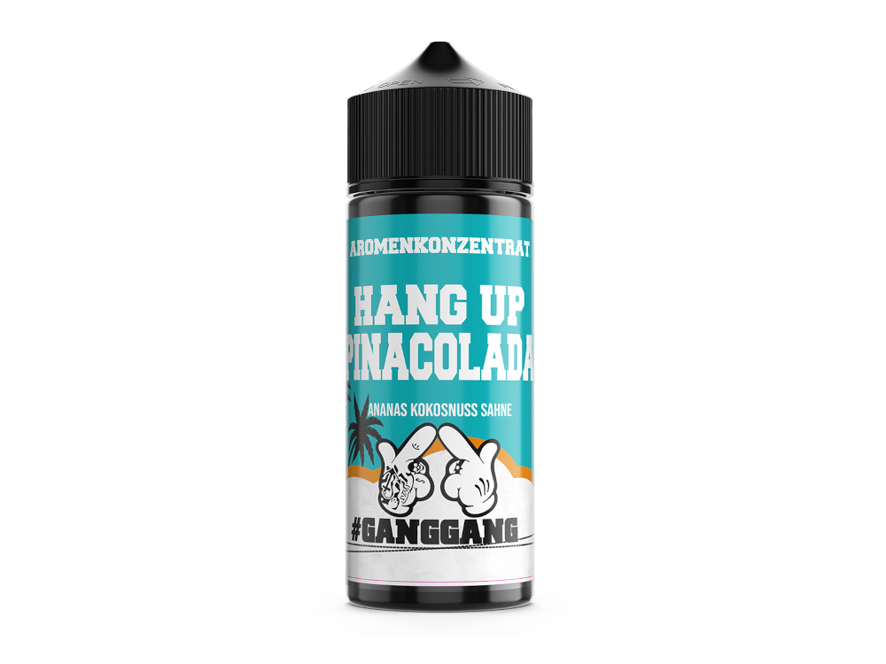 Verpackung des GangGang Aroma Hang Up Pinacolada 10 ml, geeignet zum Verdampfen und zur aromatischen Nutzung.