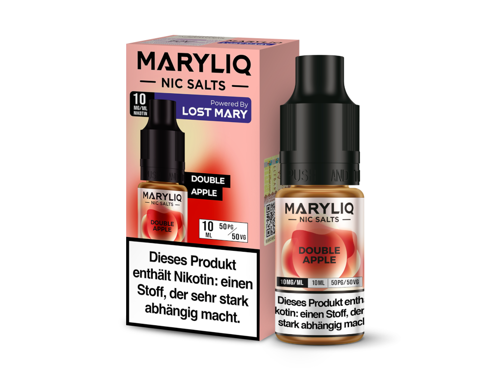 MARYLIQ Nikotinsalz Liquid Double Apple - Verpackung und Flasche für E-Zigaretten, aromatisiert mit köstlichem Doppelt-Apfelgeschmack.