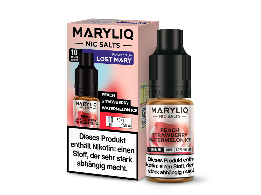 MARYLIQ Nikotinsalz Liquid - Peach Strawberry Watermelon Ice, repräsentiert fruchtige Aromen kombiniert mit erfrischendem Geschmack, optimal für das Dampfen.