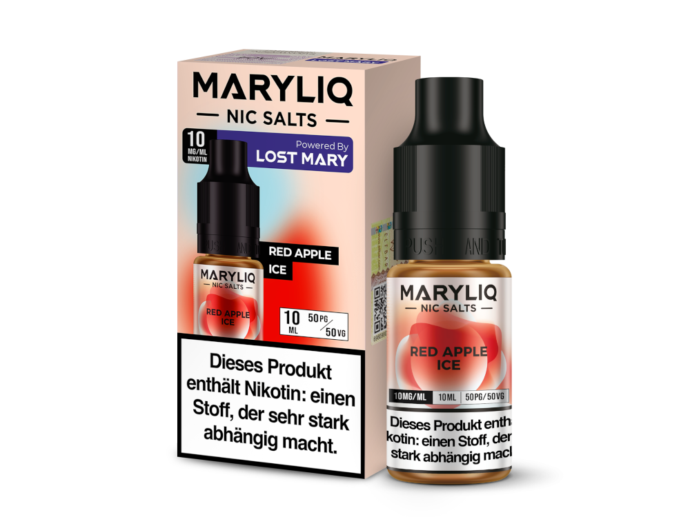 MARYLIQ Nikotinsalz Liquid Red Apple Ice, hübsch inszeniert mit einer kühlen Apfel-Note, präsentiert in einer 10 ml Flasche, ideal für Dampfer.
