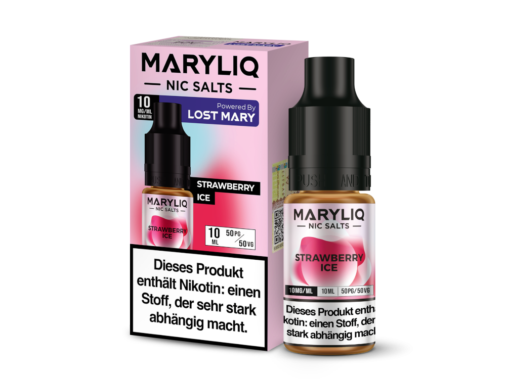 MARYLIQ Nikotinsalz Liquid Strawberry Ice, ideal für Dampfer, 20 mg/ml Nikotinstärke in kompaktem 10 ml Format.