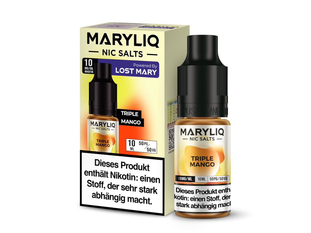 MARYLIQ Nikotinsalz Liquid Triple Mango, perfekte Kombination aus intensiver Mango und frischem Geschmack, erhältlich in 10 ml.