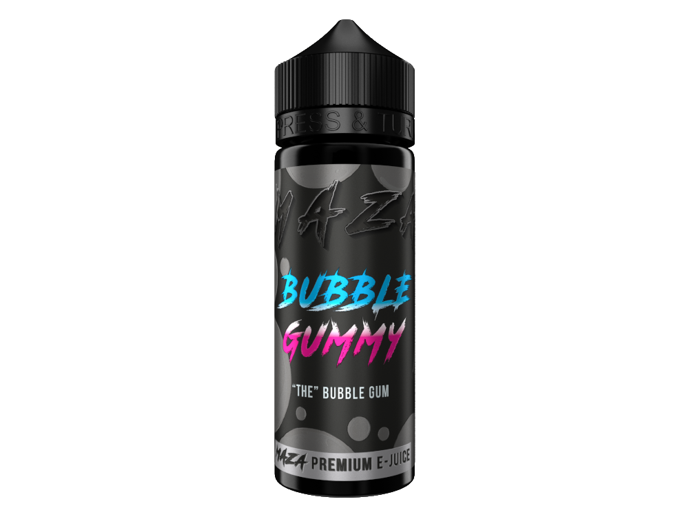 MaZa Longfills 10 ml Bubble Gummy Aroma, Detailaufnahme der Flasche und Kaugummi Inspiration, ideal zum Dampfen.