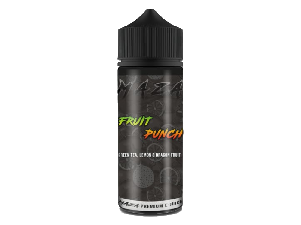 MaZa - Longfills 10 ml - Fruit Punch Detailaufnahme der Flasche mit Aromen und Sicherheitshinweisen.