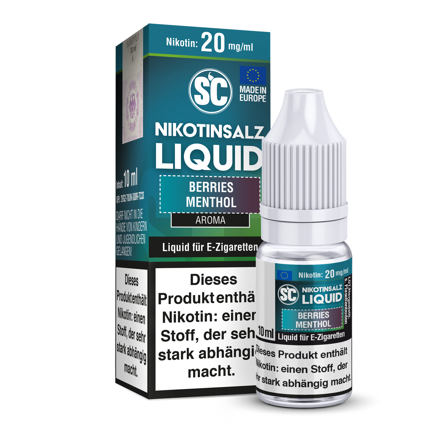 Verpackung des SC - Berries Menthol Nikotinsalz Liquids, Design und Details zur Flasche, die die fruchtige und erfrischende Geschmacksrichtung zeigt.