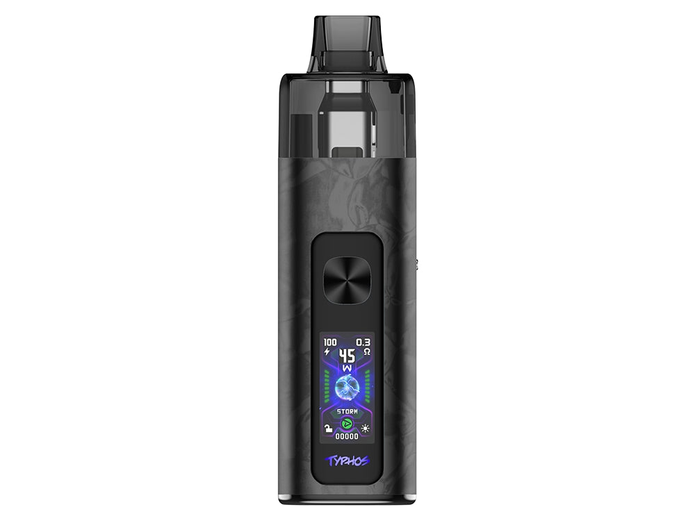 Komplettansicht des Uwell Typhos E-Zigaretten Sets inklusive 0,3 Ohm und 0,6 Ohm Pods