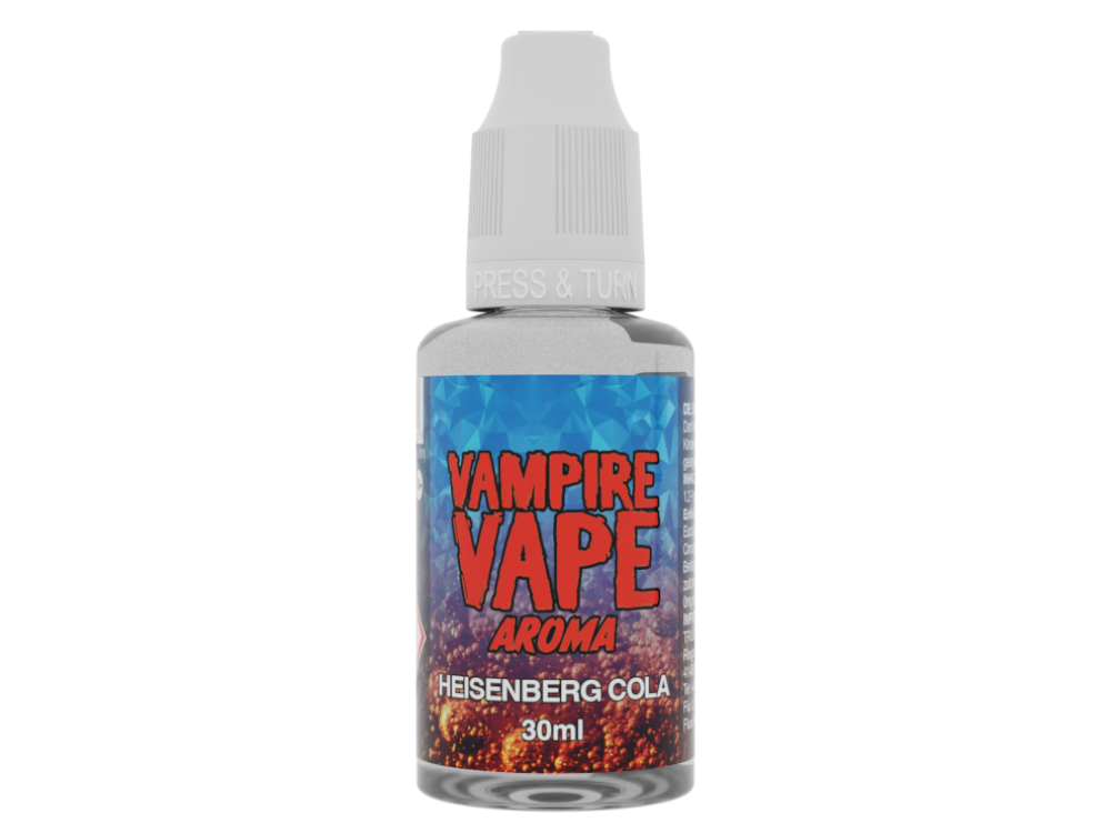 Vampire Vape Aroma Heisenberg Cola 30 ml in einer vollgefüllten Flasche, hergestellt in Großbritannien, mit Geschmacksnoten von Eukalyptus, Menthol und Cola.