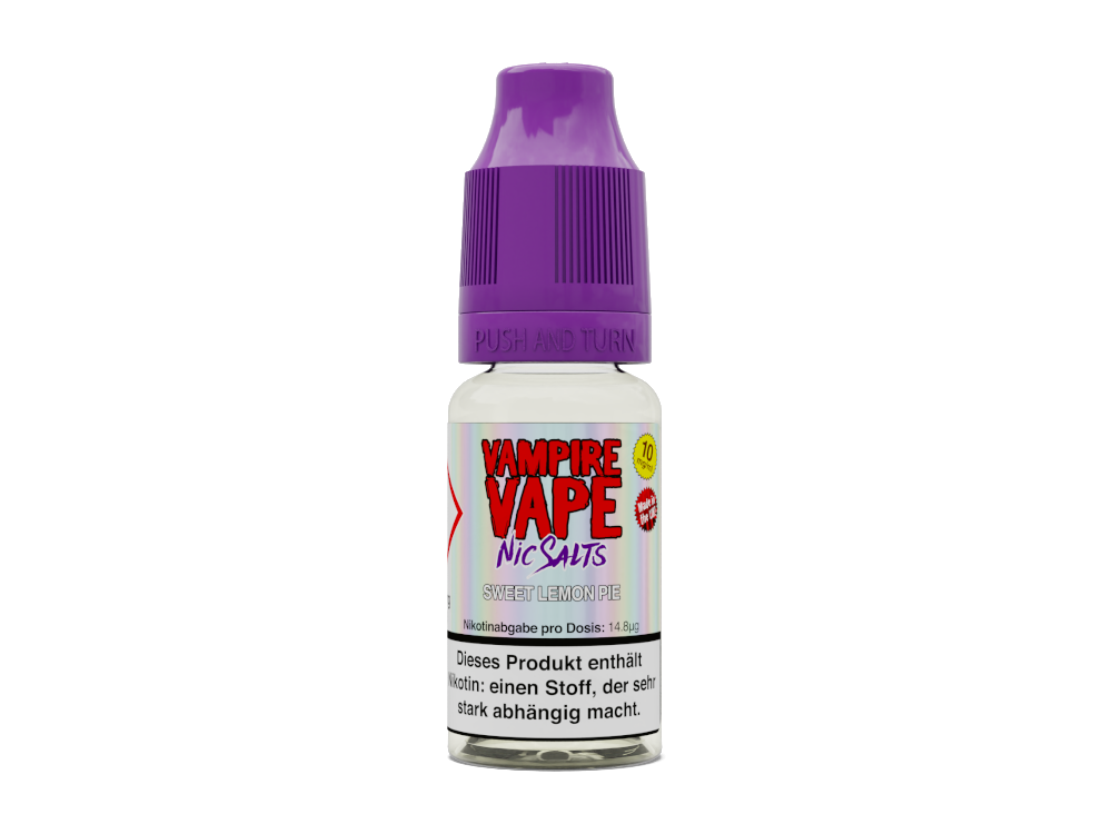 Verpackung von Vampire Vape Sweet Lemon Pie Nikotinsalz Liquid, zeigt die attraktive Flasche und bietet ein erfrischendes Zitronen-Geschmackserlebnis.